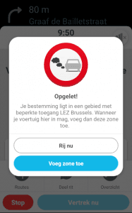 Weergave van het bericht dat je krijgt wanneer je route door de lage emissie zone van Brussel zou gaan