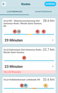 Een overzicht van de routeopties die je krijgt als je eigenlijk een snellere route kan halen door een emissiezone