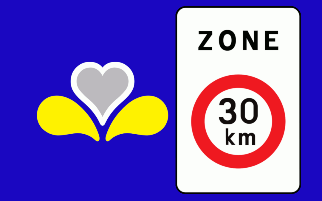 Flag of the region of Brussels and a zone 30 sign