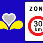 Flag of the region of Brussels and a zone 30 sign